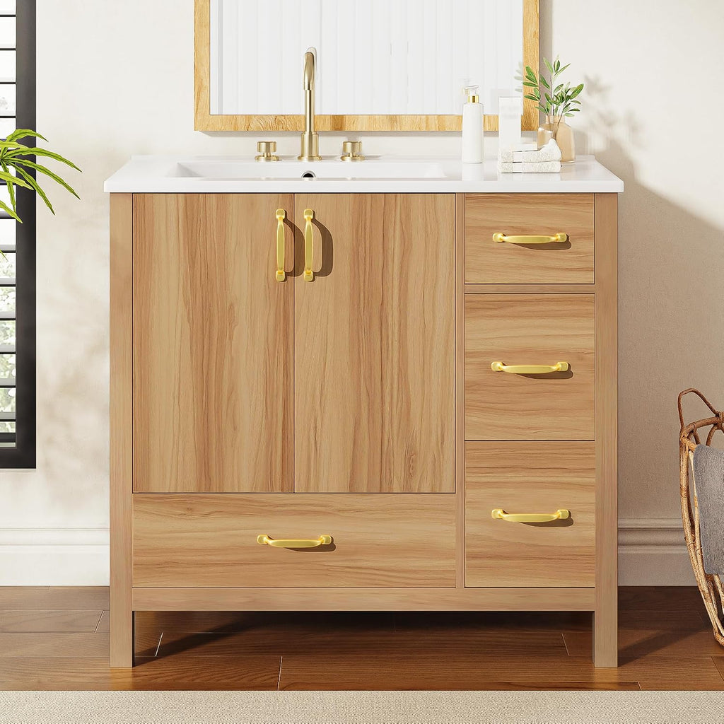 Harper & Bright Designs 36' Bathroom Vanity with Sink, Free Standing Single Basin Vanity with 2 Doors & 4 Soft-Closing Drawers, Solid Wood Storage Cabinet with Ceramic Basin for Bathroom, Acacia Wood