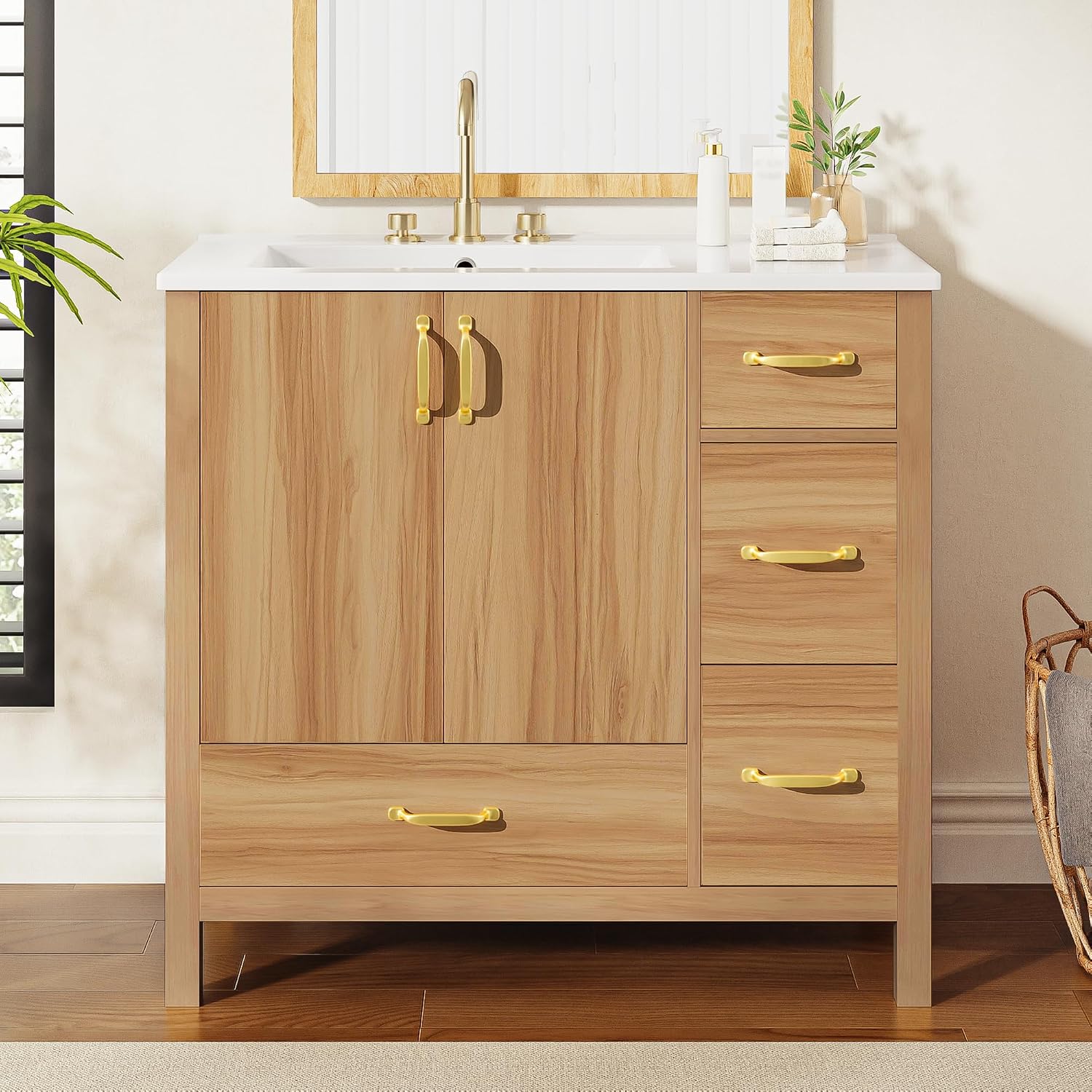 Harper & Bright Designs 36' Bathroom Vanity with Sink, Free Standing Single Basin Vanity with 2 Doors & 4 Soft-Closing Drawers, Solid Wood Storage Cabinet with Ceramic Basin for Bathroom, Acacia Wood