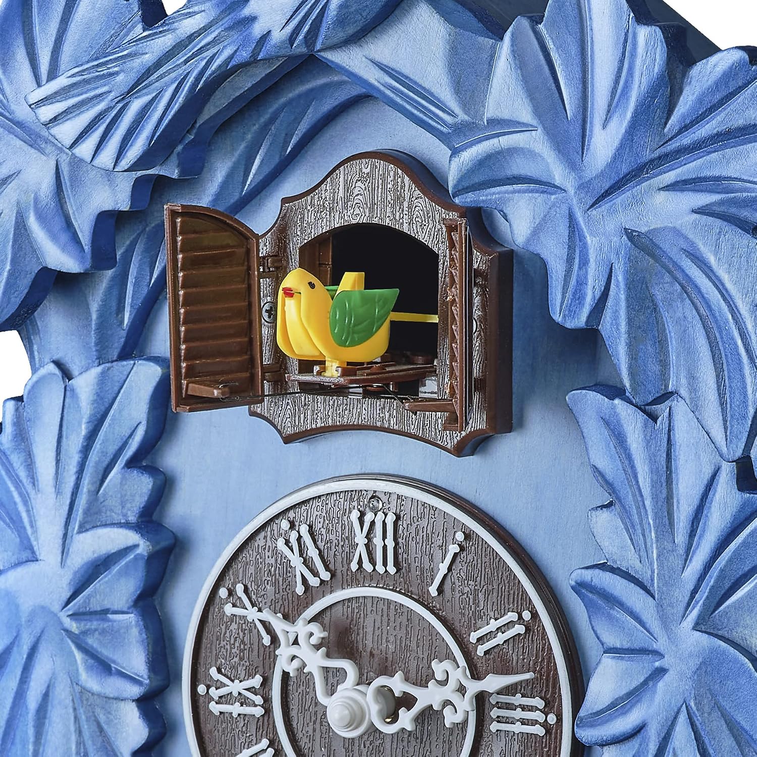 TIMEGEAR Cuckoo Clock with Night Mode, Hand Carved Decorations and Swinging Pendulum (Blue)