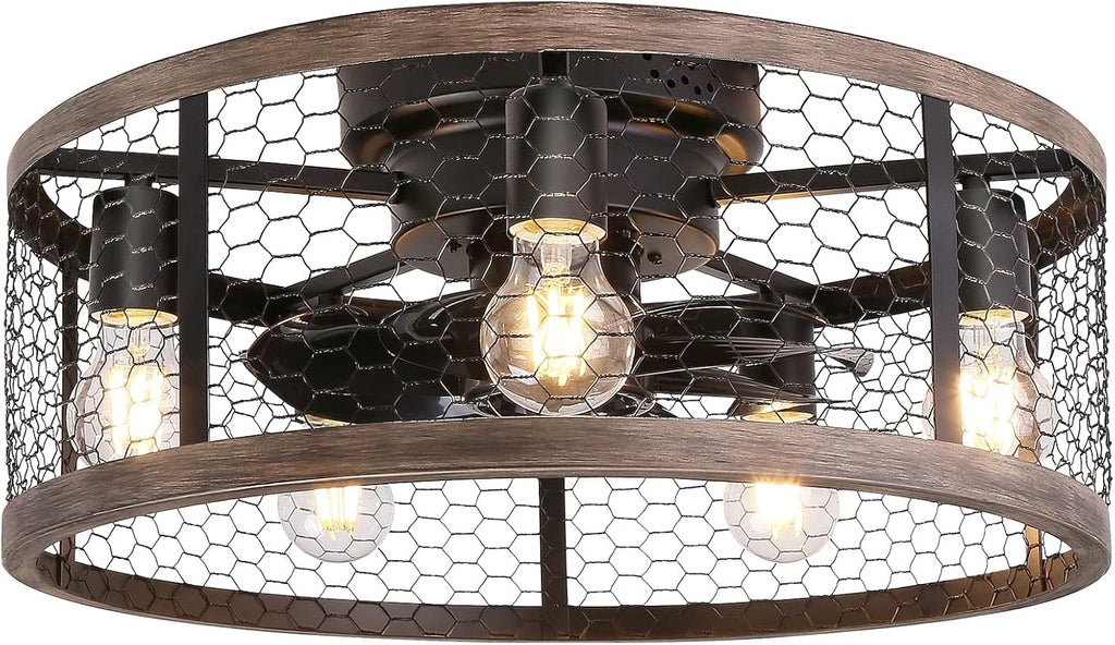 Ohniyou 20'' Flush Mount Caged Ceiling Fan with Lights Remote Control, Farmhouse Rustic Low Profile Small Vintage Enclosed Ceiling Fan Lighting Fixture Bedroom Dining Room