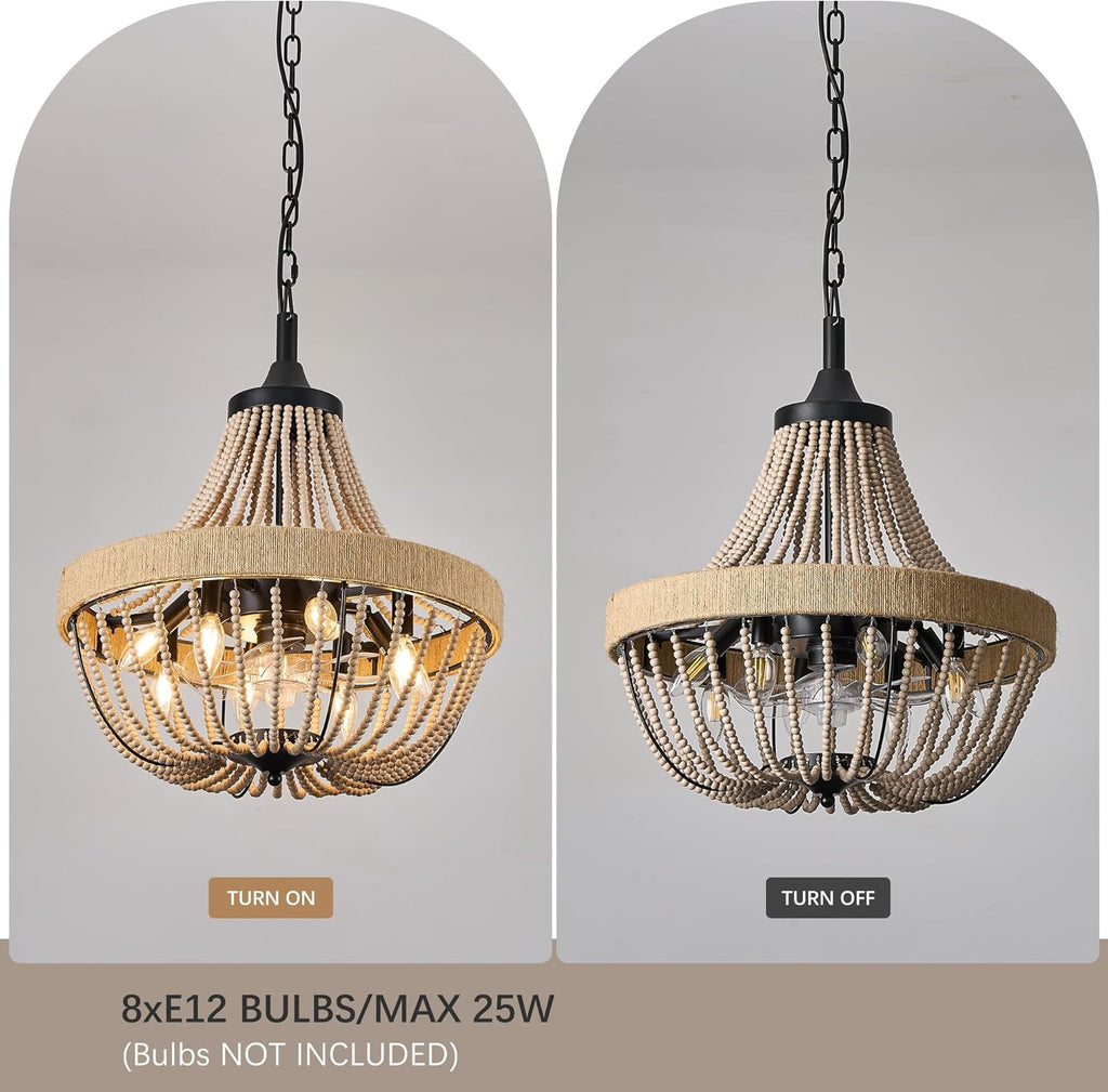 Bohemian Empire Style Chandelier Fan with 64 Wood Bead Strands, 7-Blade Invisible, Remote/APP Control, 20'' Ceiling Light Fixture for Living Room Bedroom Dining (Black, 20'' Boho Style)