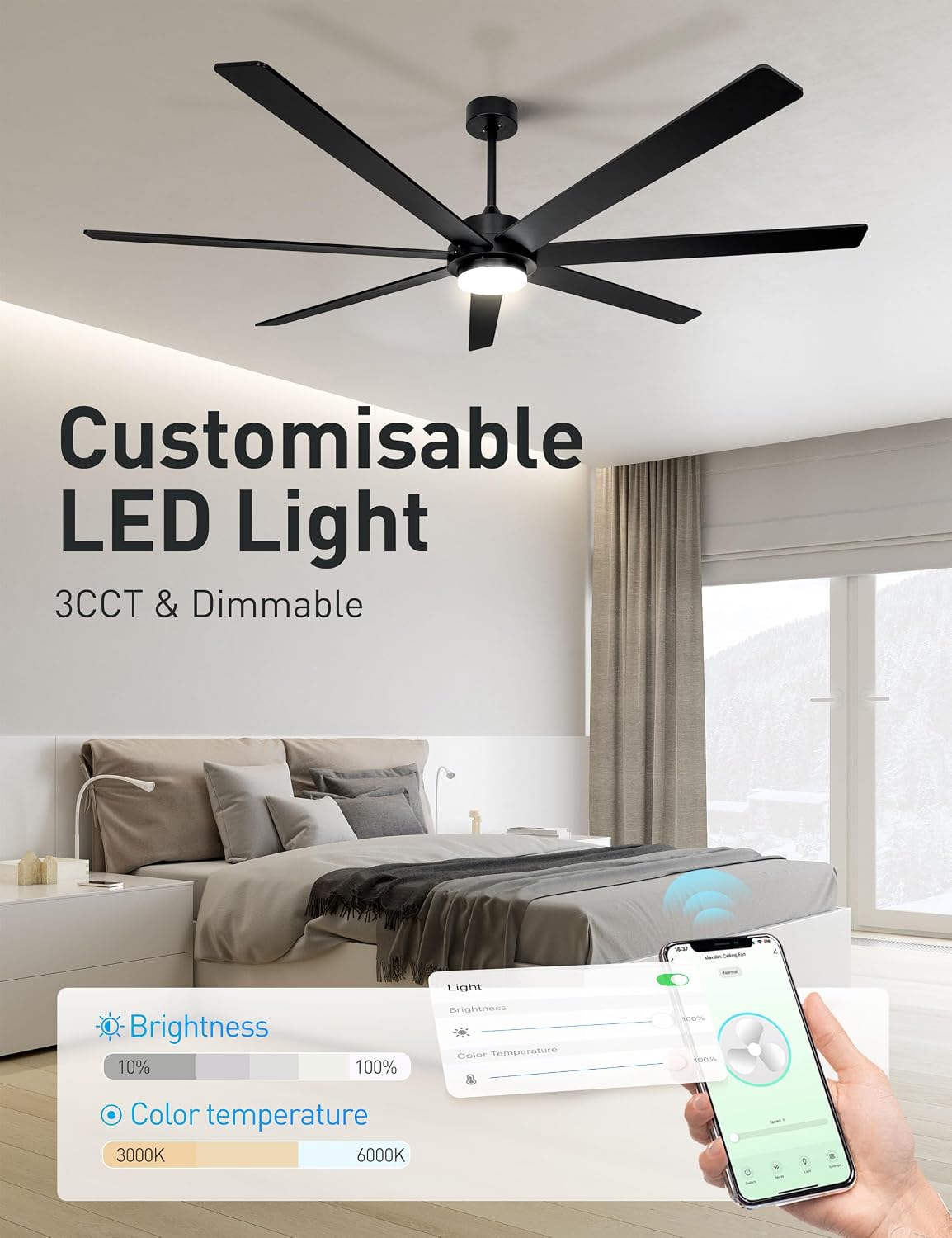Minislak 72 Inch Black Smart Ceiling Fan with Light and Remote via WIFI Alexa APP Control,6 Speed Quiet DC Motor,Dimmable,Indoor Outdoor Ceiling Fans for Patios or Bedroom