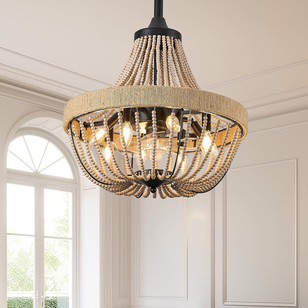 20 inch Boho Beaded Chandelier with Ceiling Fan, Remote & App Control, Reversible DC Motor, Black Farmhouse Rattan Fandelier for Dining Room, Bedroom, Kitchen
