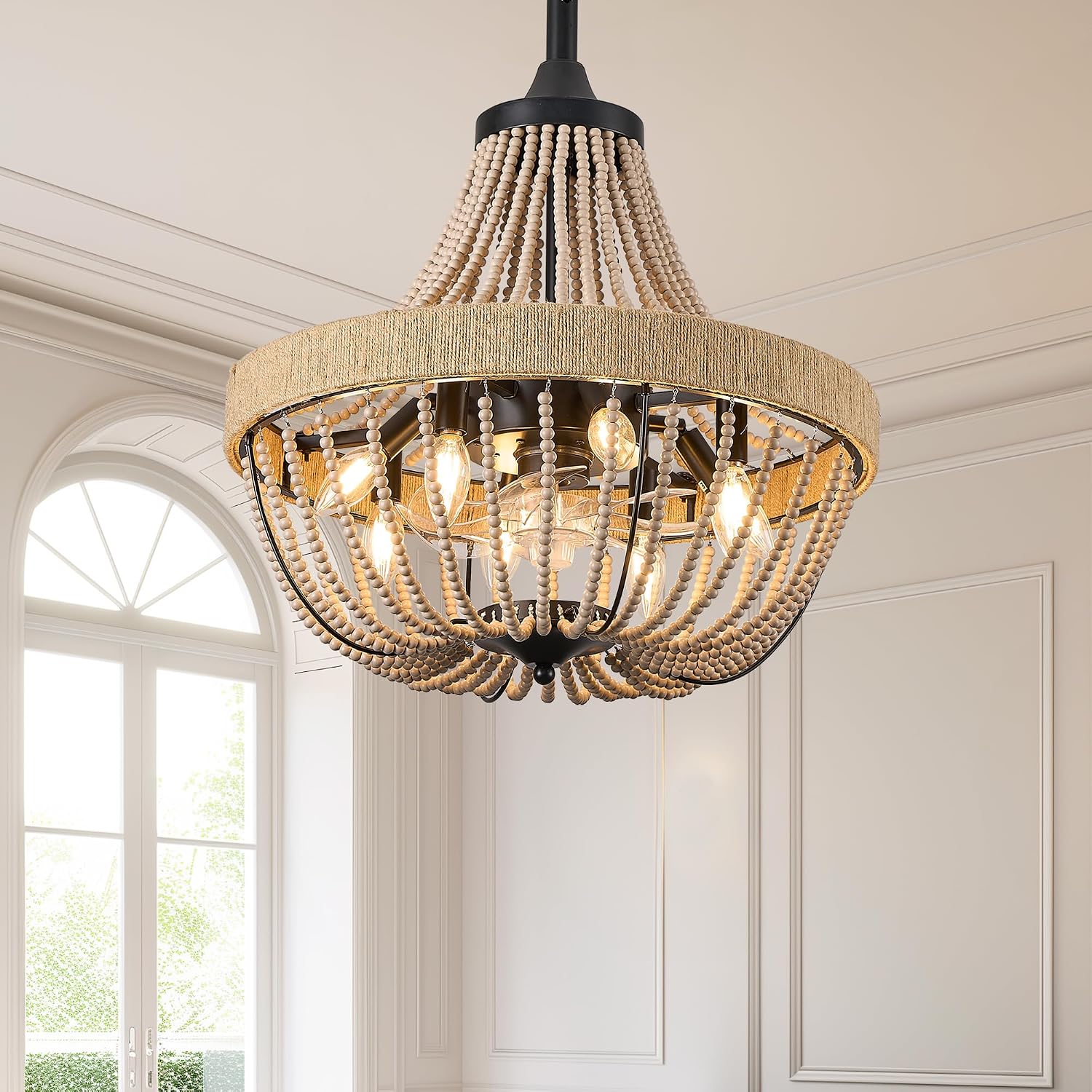 20 inch Boho Beaded Chandelier with Ceiling Fan, Remote & App Control, Reversible DC Motor, Black Farmhouse Rattan Fandelier for Dining Room, Bedroom, Kitchen