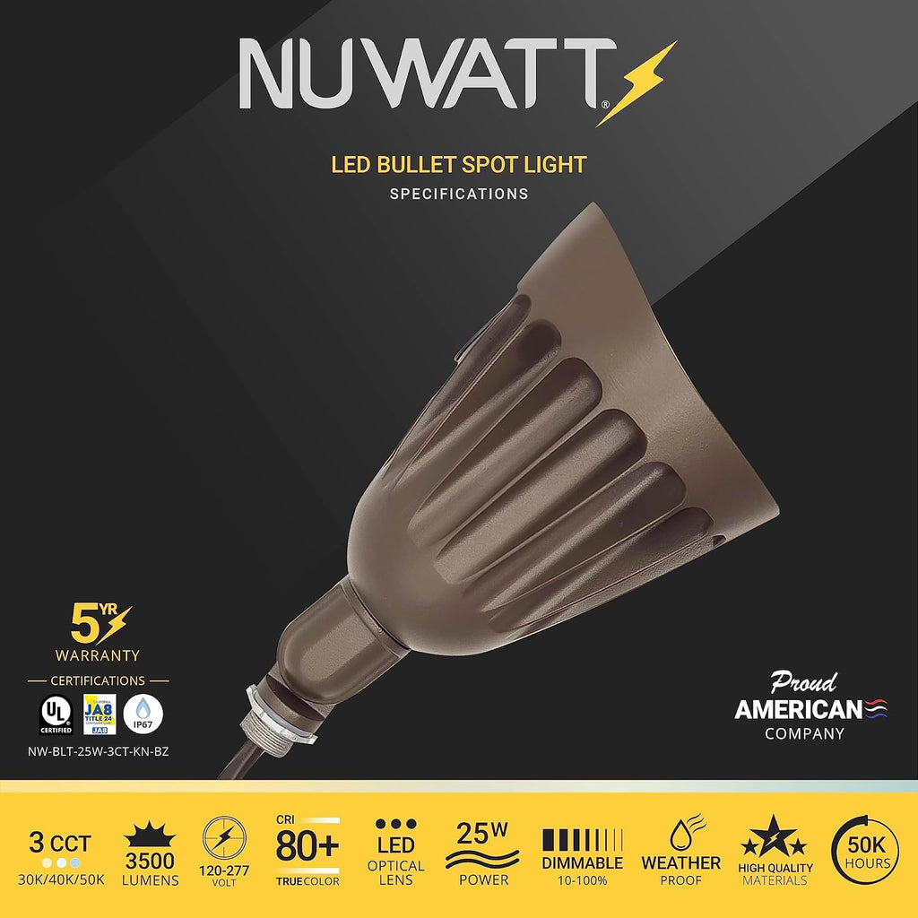 NUWATT 25W LED Bullet Spot Light for Outdoor Landscapes, 3500 LM Bright Illumination for Yard, 3000K/4000K/5000K Selectable, 1/2' Knuckle Mount, 120-277V Waterproof Flag Pole Light (12-Pack)