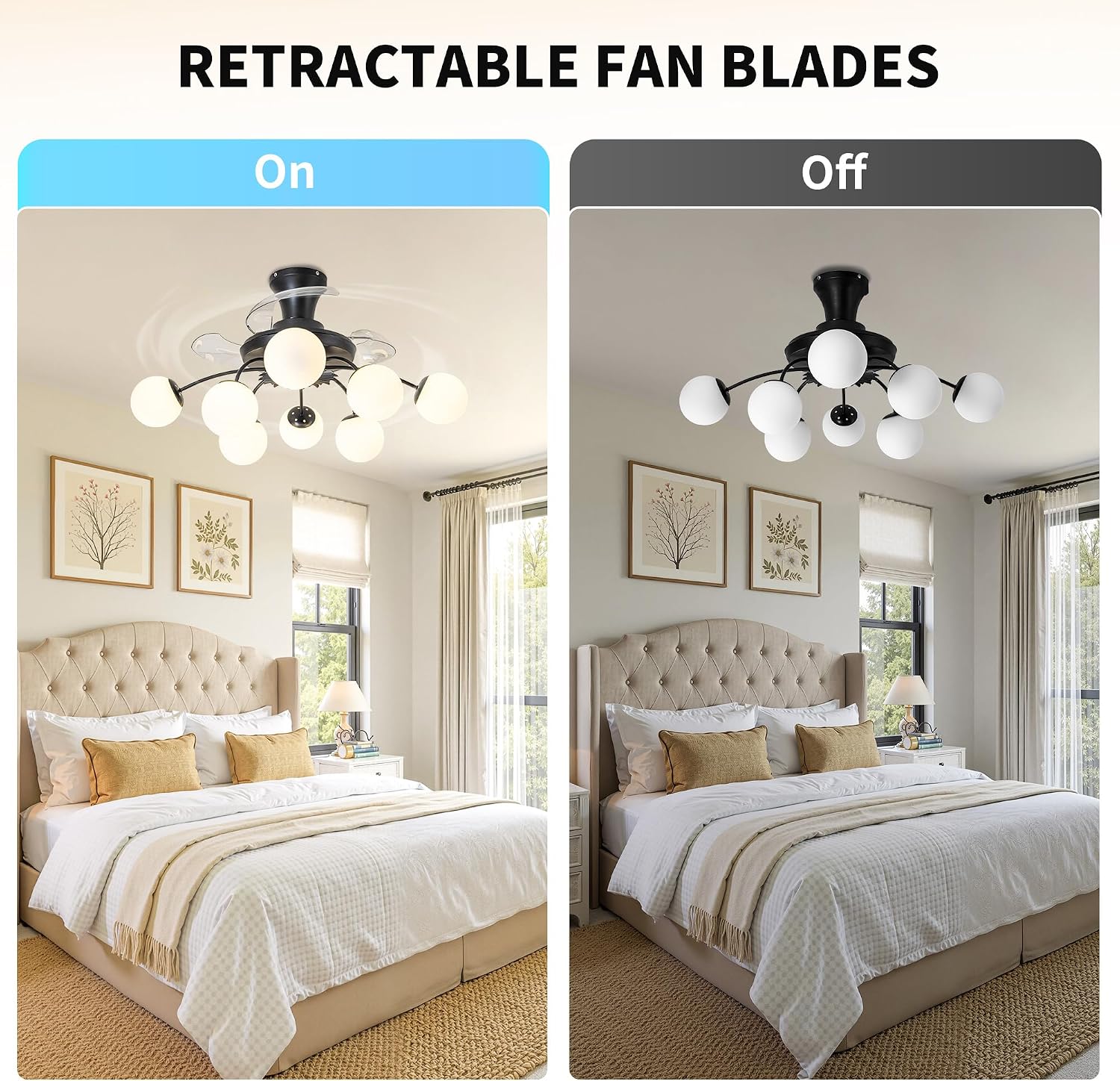 8-Light Bubble Fandelier, Black and White Glass Globe, 34 Inches | Sputnik Design, 3 Retractable Hidden Blades, 6 Speeds Reversible Motor, Remote & Timer, Ceiling Fan with Light