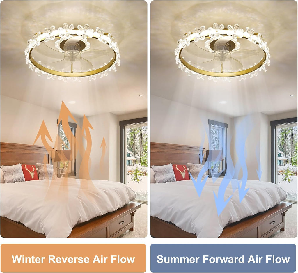 22' Gold Crystal Fandelier Ceiling Fans with Lights,Gold Flower Ceiling Fan with Light Remote Control, Low Profile Flush Mount Ceiling Fan for Girl's Bedroom, Kid's Room