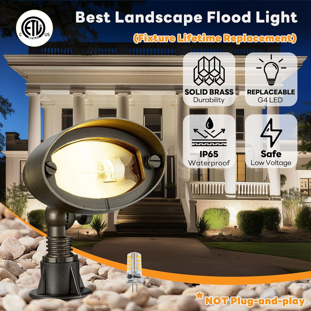 Gardenreet LED Wall Wash Lights - Landscaping Brass Low Voltage Flood Lights, 12V Hardwired Waterproof Outdoor, Wide Angle Lighting for Yard Wall House with 2700K 3W 270LM Replaceable G4 Bulb 8 Pack