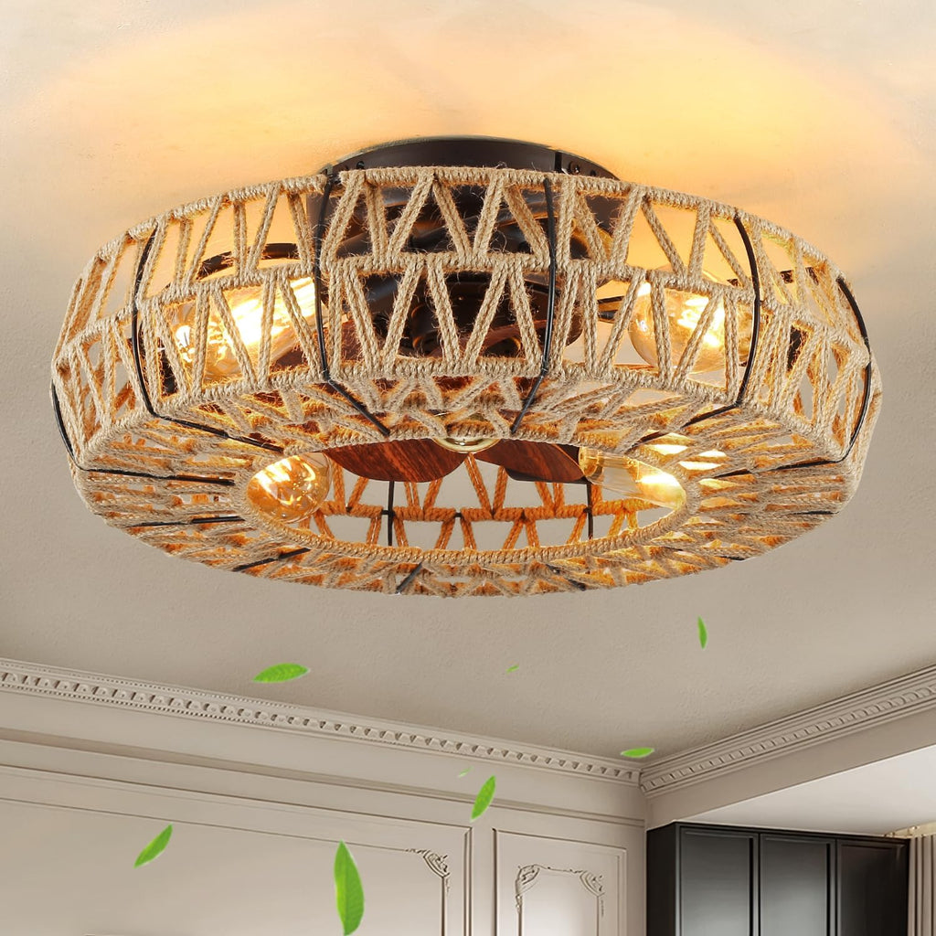 20 Inch Boho Caged Bladeless Ceiling Fan with Light,Flush Mount Rattan Fandelier Ceiling Fans Lights and Remote Contro,Enclosed 6 Speeds Low Profile Farmhouse Fan Light for Bedroom,Kitchen,Living Room