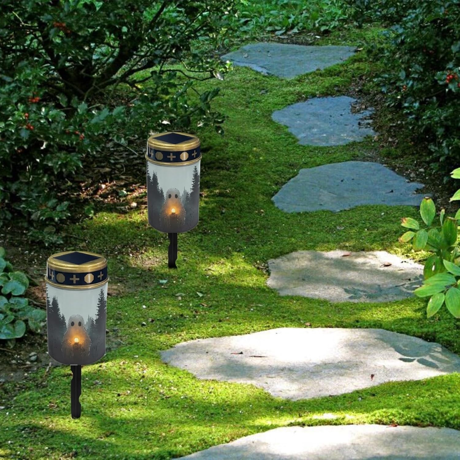 Halloween Solar Garden Lights Outdoor Waterproof Pathway Lights for Yard Patio Walkway Halloween Decoration Solar Stake Lights Outdoor Landscape Lighting-Warm White