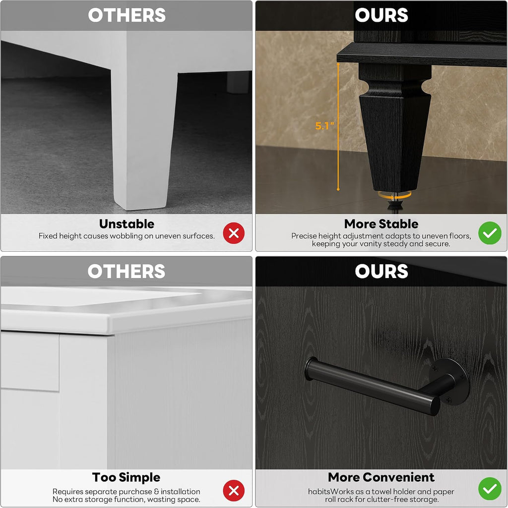 LIKIMIO 36 Inch Bathroom Vanity with Sink, Towel Holder & Adjustable Solid Wood Legs for Uneven Floor, Modern Bathroom Storage Cabinet with Tip-Out Drawer, 2 Drawers & Adjustable Shelf, Black