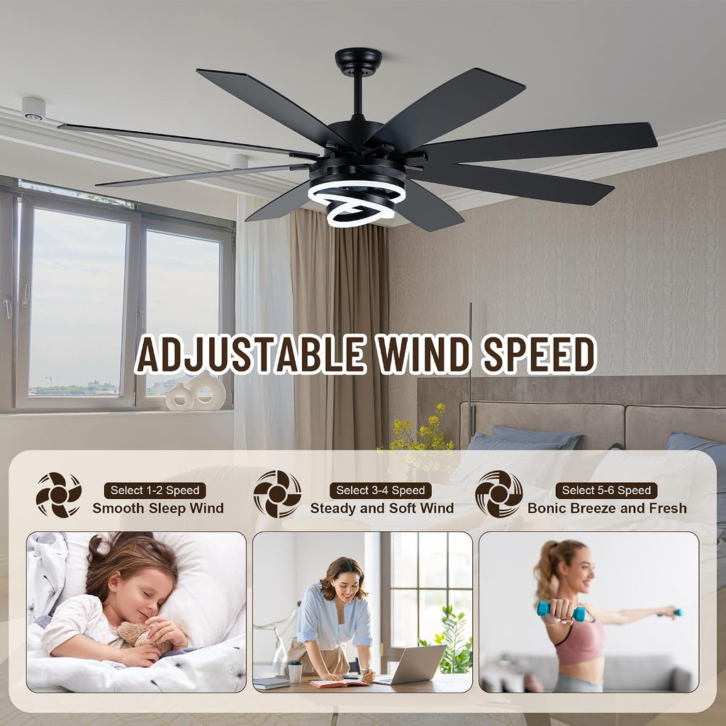 Farmhouse Ceiling Fans with Lights,Chandelier Fan with DIY Rings LED,Fandelier Ceiling Fans with Lights for Living Room/Bedroom (Black-MD-DC7205, 72 Inch)