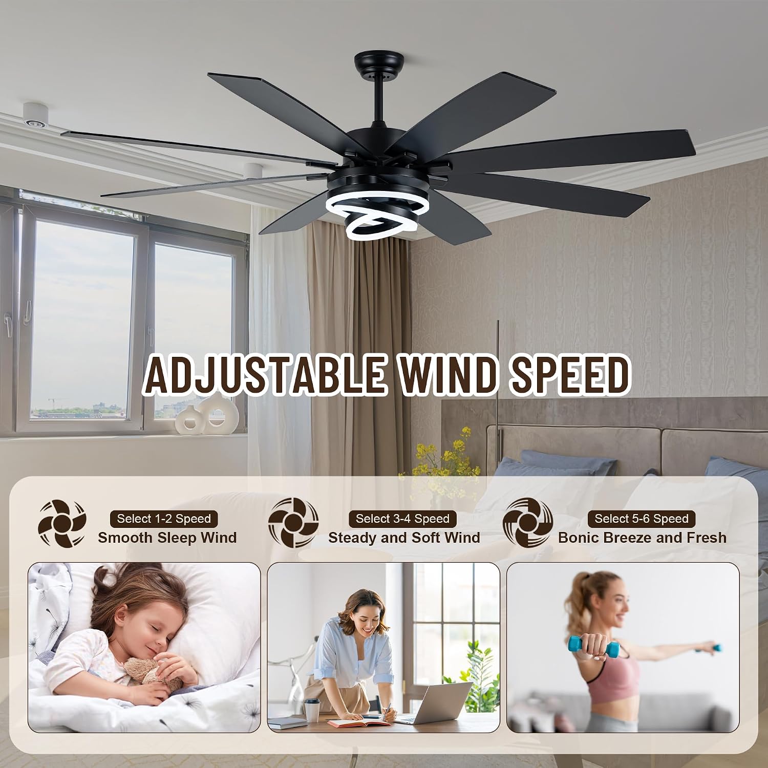 Farmhouse Ceiling Fans with Lights,Chandelier Fan with DIY Rings LED,Fandelier Ceiling Fans with Lights for Living Room/Bedroom (Black-MD-DC7205, 72 Inch)