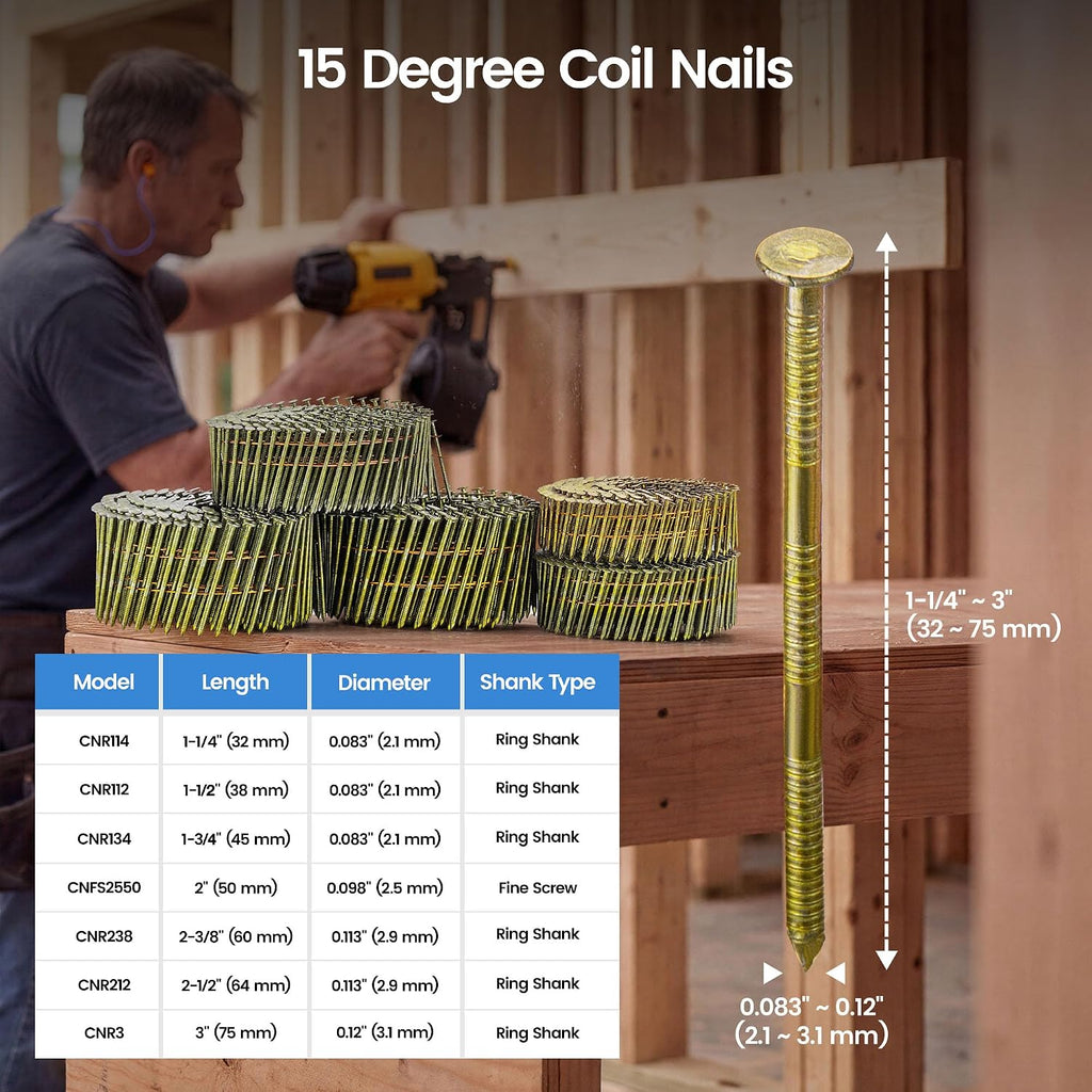 meite Siding Nails 15 Degree Coil Nails 2 Inch × .099 Inch Screw Shank Wire Collated Nails 9,000PCS, Full Round Head Bright Coated Siding Nails for Coil Nailer Sheathing Decking Fencing