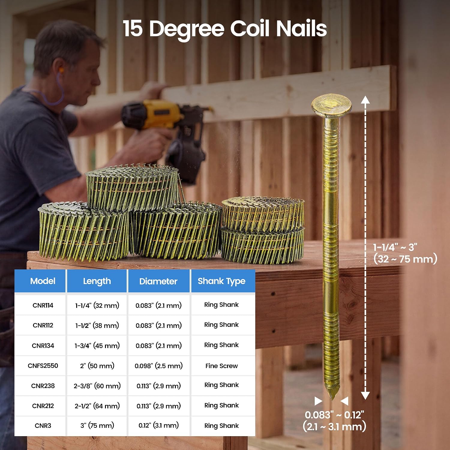 meite Siding Nails 15 Degree Coil Nails 2 Inch × .099 Inch Screw Shank Wire Collated Nails 9,000PCS, Full Round Head Bright Coated Siding Nails for Coil Nailer Sheathing Decking Fencing