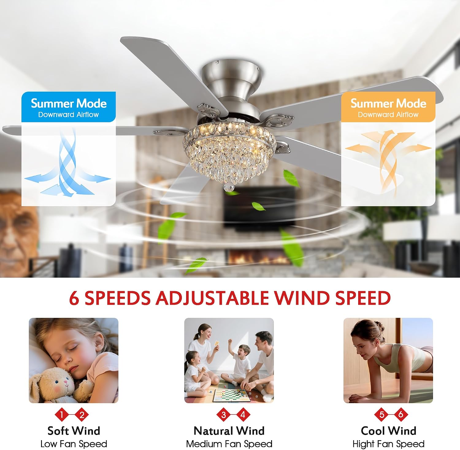 GJeg Crystal Ceiling Fan Fandelier with Lights-Ceiling Fans with Remote Control,Modern Ceiling Fan with Noiseless DC Reversible Motor,Dining Room,Living Room(52' Nickel)