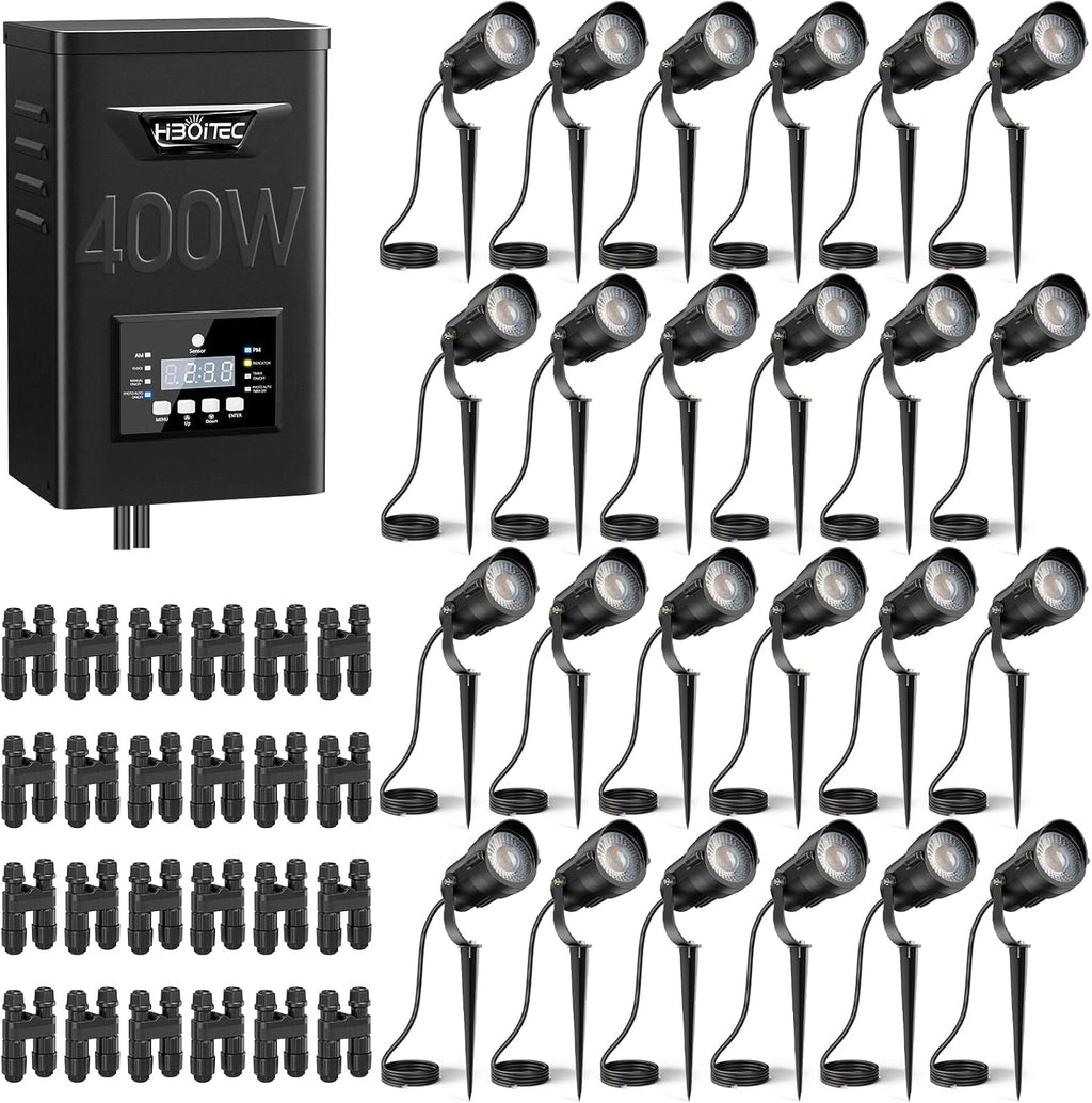 HIBOITEC 24 Packs Low Voltage Landscape Lights Kit with 400W Transformer, Dusk to Dawn & Timer, 12W 2900K Waterproof LED Outdoor Spotlights for Yard Garden Tree House Uplighting, Wire Sold Separately