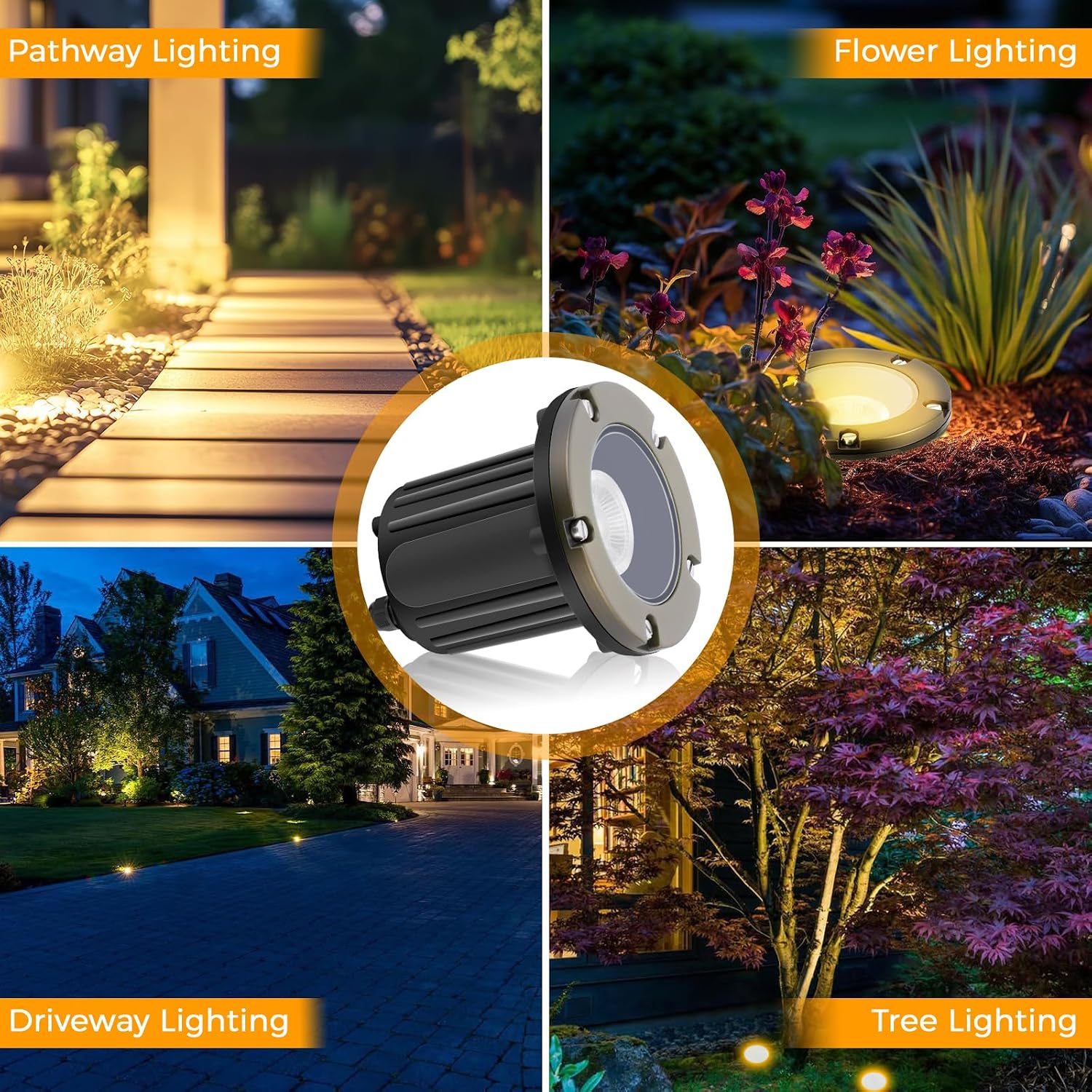 Gardencoin Brass Low Voltage Landscape Well Lights (5' Cover, 5.5' Tall), 12V LED Wired In-Ground Outdoor Up Lighting Fixture Waterproof, Adjustable Beam Direction Base, Without MR16 Bulb (4 Pack)