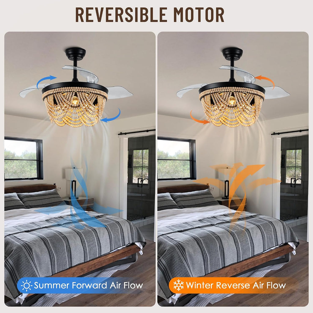 42'' RetractableCeiling Fans with Lights and Remote, Farmhouse Ceiling Fans with Wooden Beads, 6 Speeds Reversible Bladeless Ceiling Fan for Bedroom Living Room Kitchen