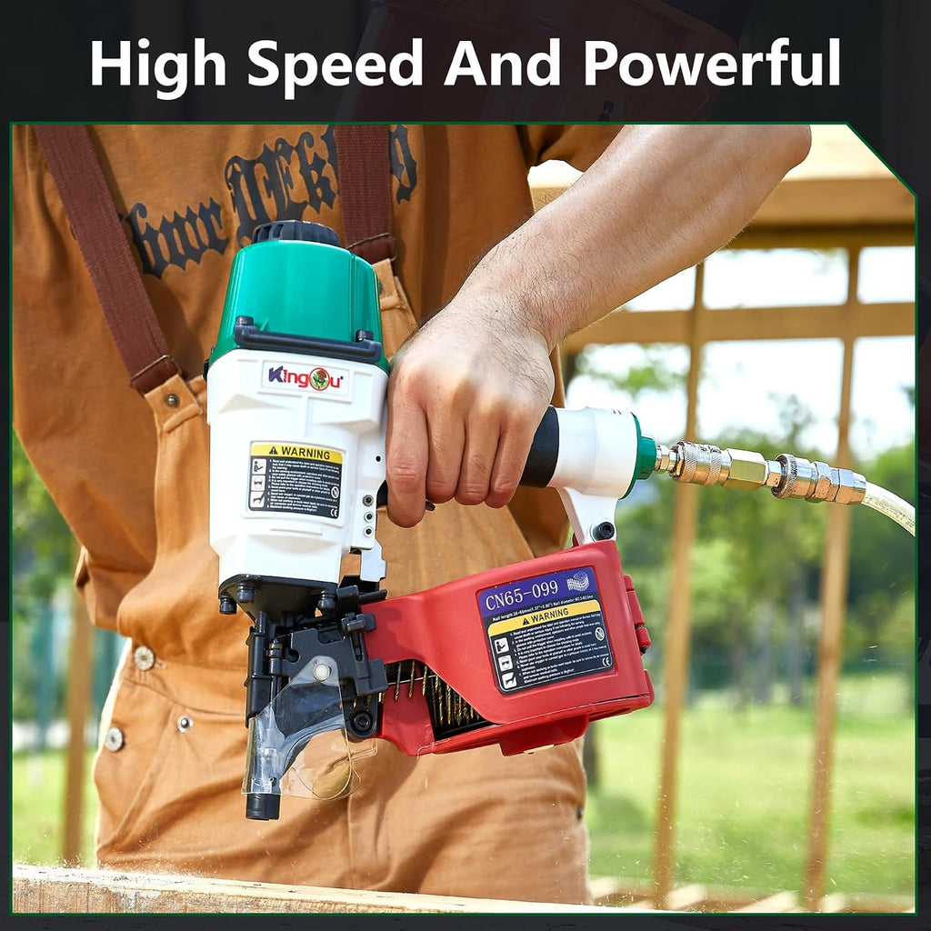 Kingou CN65099 Coil Siding Nailer Decking Nailer Accepts 1-3/4-Inch to 2-3/4-Inch Nails with 1/4 NPT Air Connector 225-300pcs Load Capacity Coil Nailer Coil Nail Gun for Wooden Box Packing