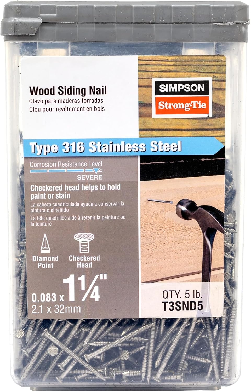 Simpson Strong Tie T3SND5 3D Cedar and Redwood Siding Nails 1-1/4-Inch and 14-Gauge, 316 Stainless Steel, 5-Pound, 2475-Piece