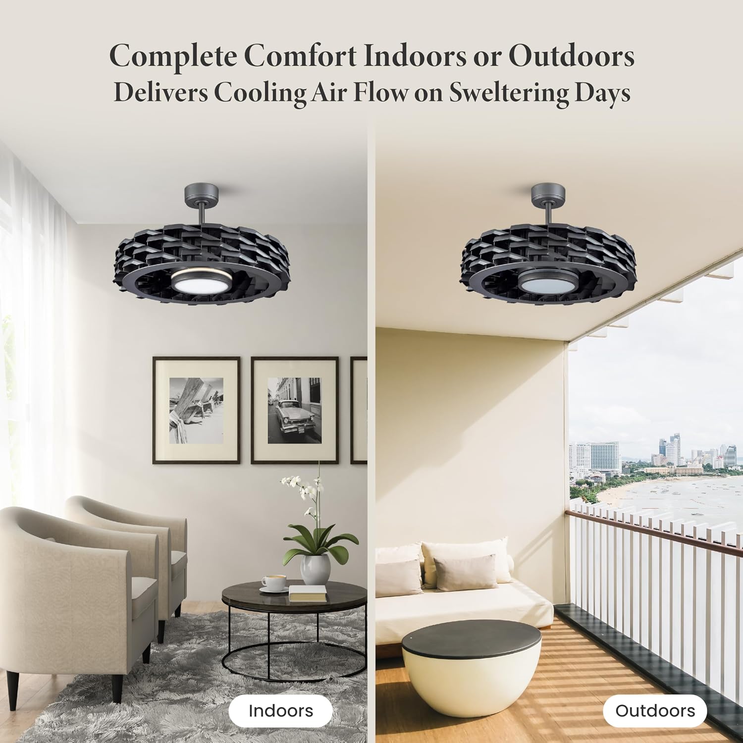 Bladeless Ceiling Fan with Lights & Remote – LUMIO 28' Low-Profile Downrod or Flush Mount Ceiling Fan with Lights for Bedroom & More – Dimmable LED, Night Light & Wi-Fi Connect, Black