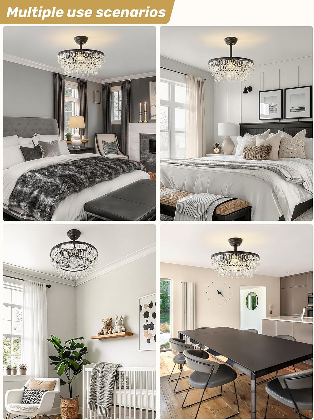 Crystal Fandelier Ceiling Fan with Light, 20' Black Crystal Chandelier Ceiling Fans with Lights and Remote with 6 Speeds for Bedroom, Living Room, Nursery