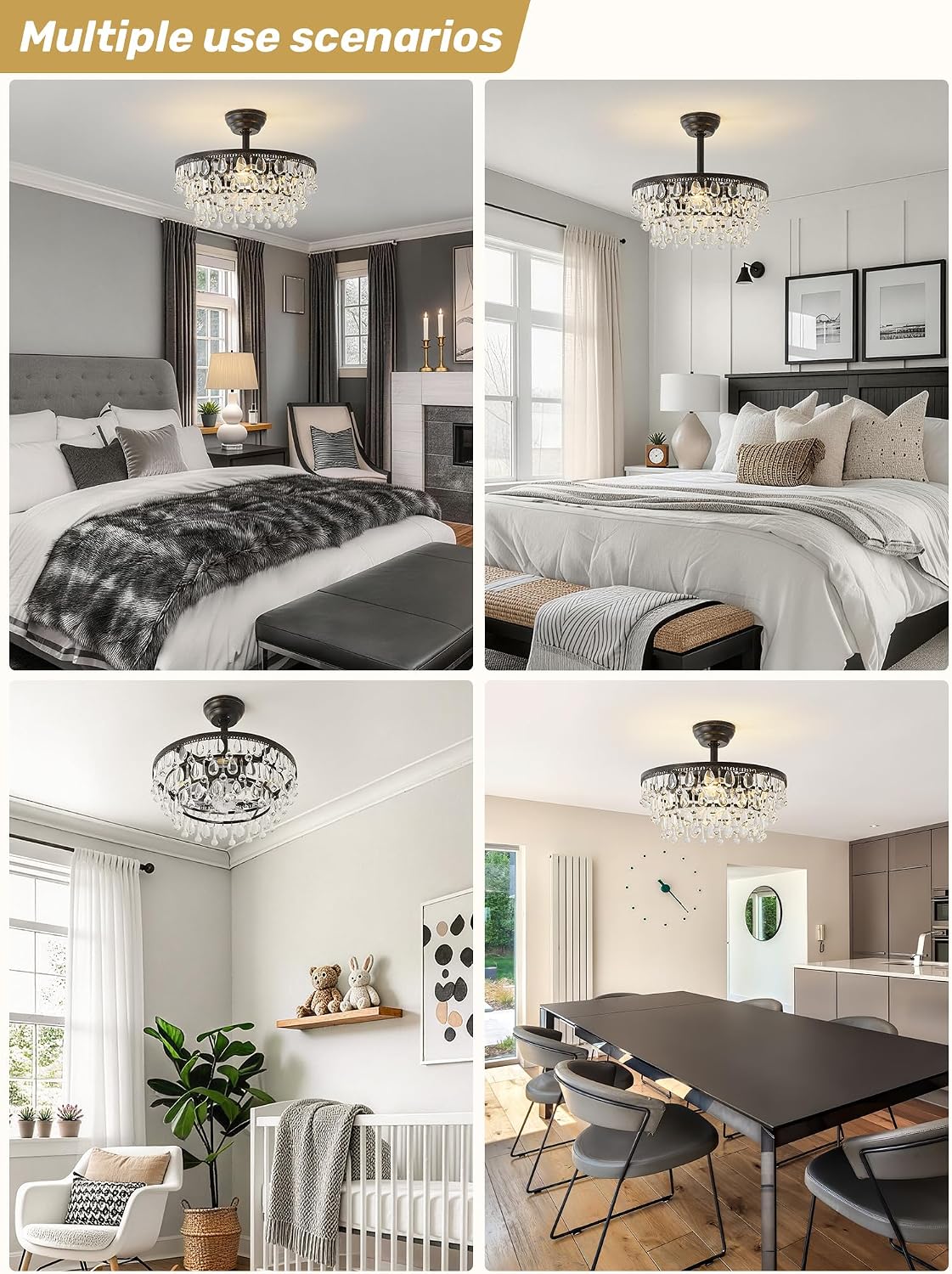Crystal Fandelier Ceiling Fan with Light, 20' Black Crystal Chandelier Ceiling Fans with Lights and Remote with 6 Speeds for Bedroom, Living Room, Nursery