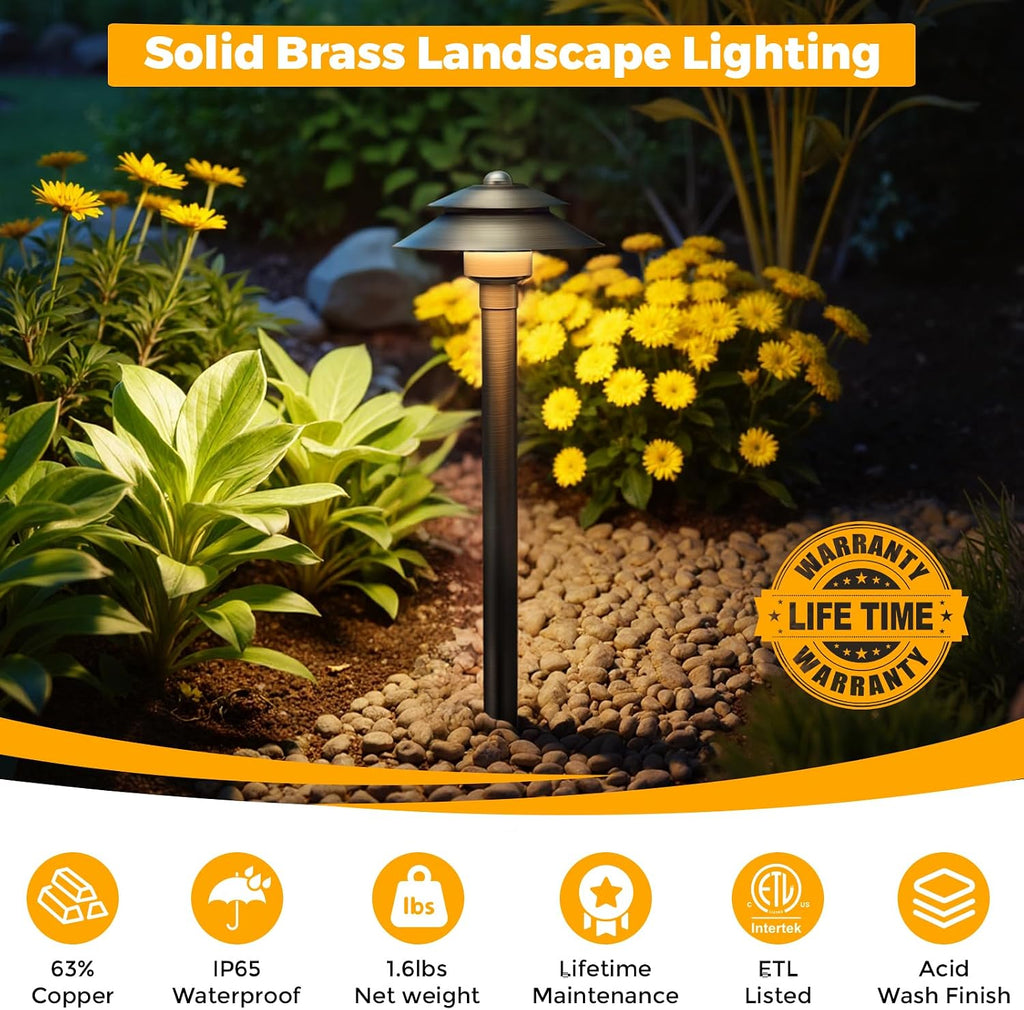 Gardencoin Solid Brass Low Voltage Landscape Pathway Lights (6'' Shade, 19'' Tall), 12V LED Heavy Duty Path Lighting Outdoor Wired, Waterproof Antique Bronze Walkway Light Without G4 Bulb,6 Pack