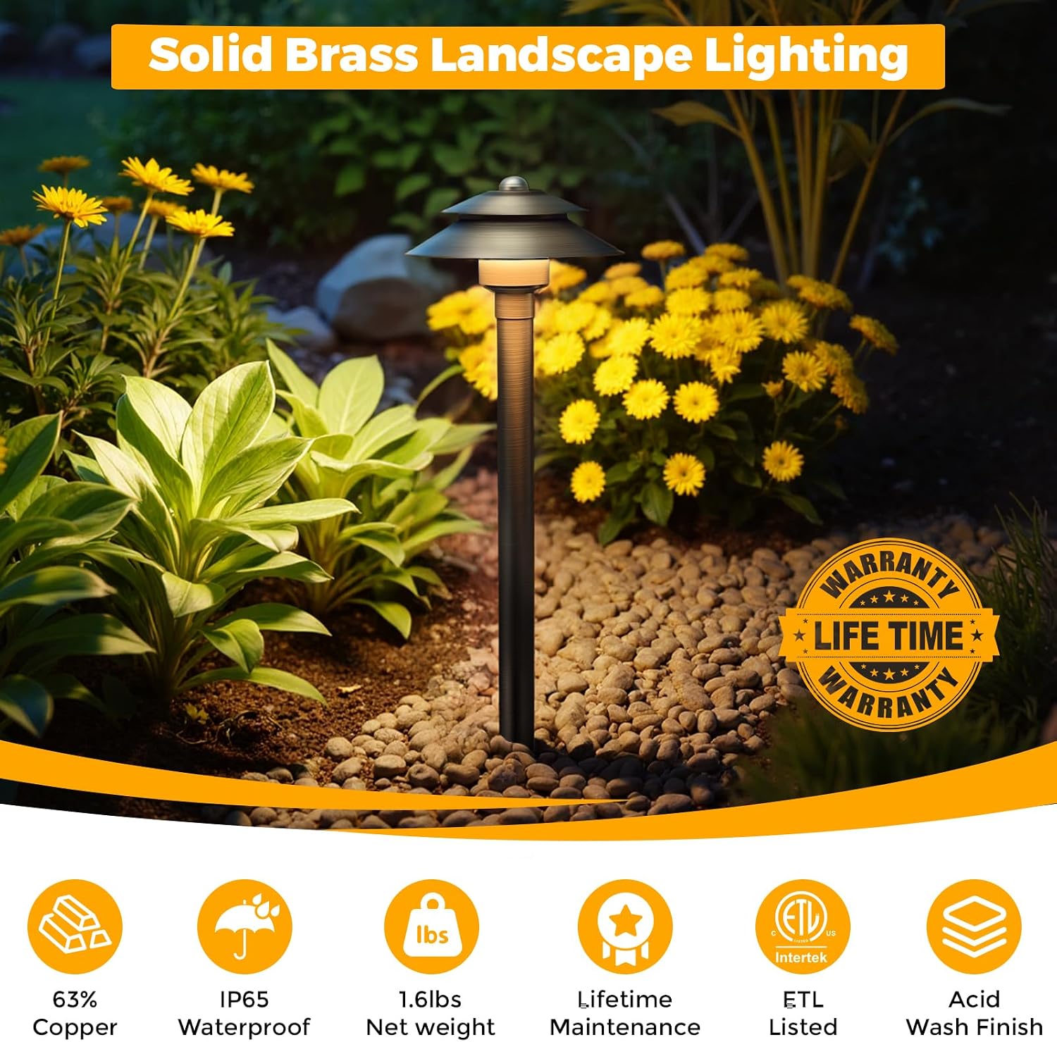 Gardencoin Solid Brass Low Voltage Landscape Pathway Lights (6'' Shade, 19'' Tall), 12V LED Heavy Duty Path Lighting Outdoor Wired, Waterproof Antique Bronze Walkway Light Without G4 Bulb,6 Pack