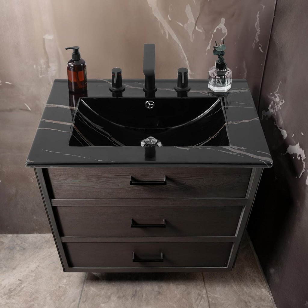 JONATHAN Y Ancillary 24 in. W x 18.25 in. D Ceramic Vanity Sink Top with 3-Hole Rectangular Single Sink Basin, Black Marble Effect SNK1001D