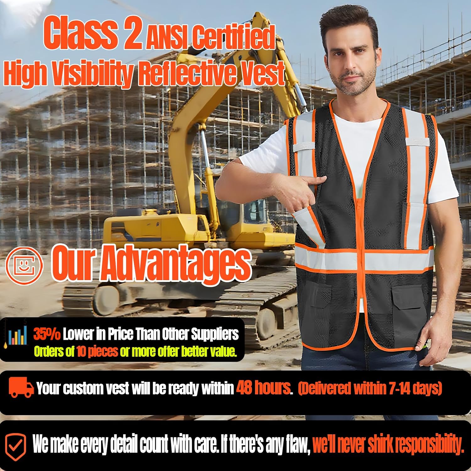 BeautyWill Custom Safety Vest Customized Logo Class 2 High Visibility Reflective Vest with Pockets Construction workwear