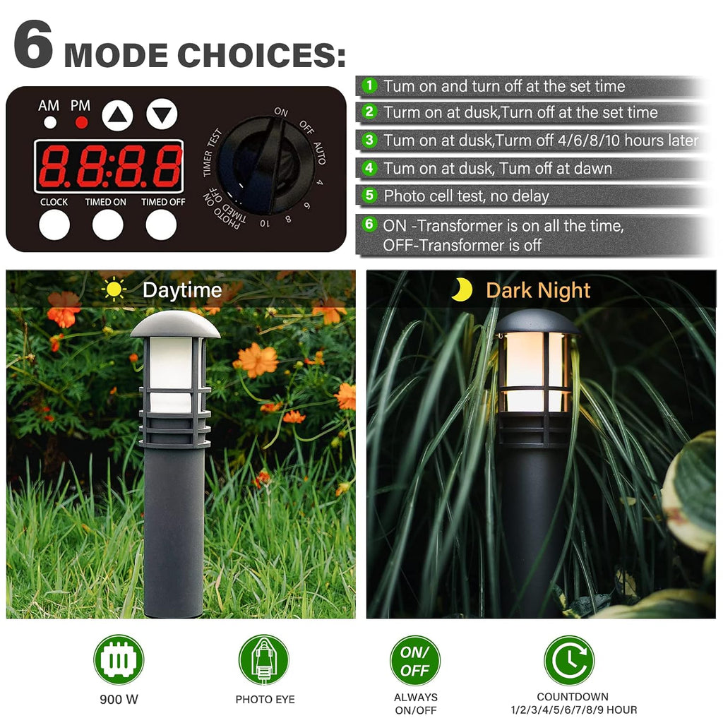 GOODSMANN Low Voltage Transformer Low Voltage Landscape Lighting Spotlight Outdoor Transformer with Photo Eye and Timer 120V Input 12V Output (900 Watts)