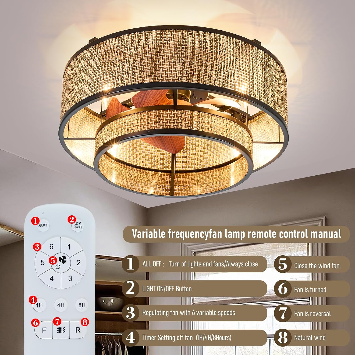 18.9' Boho Caged Ceiling Fan with Lights Remote, 4-Light Vintage Rattan Woven Chandelier Fan with Light Reversible Motor, Chandelier Ceiling Fan for Bedroom, Living Room