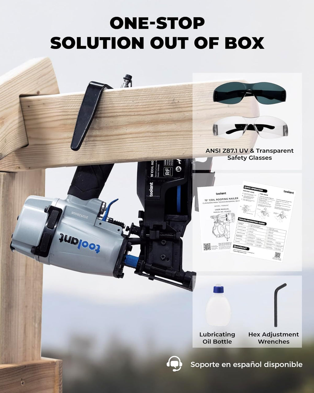 toolant Roofing Nailer, Pneumatic Roofing Nail Gun for 3/4' to 1-3/4' Nails, 120 Coil Capacity, 70-120 PSI, 15 Degree, Heavy Duty Roofing Tool for Asphalt Roofing Shingles, Fencing, and Wood Siding