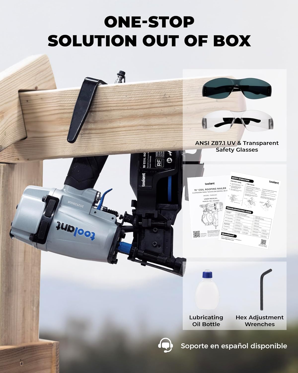 toolant Roofing Nailer, Pneumatic Roofing Nail Gun for 3/4' to 1-3/4' Nails, 120 Coil Capacity, 70-120 PSI, 15 Degree, Heavy Duty Roofing Tool for Asphalt Roofing Shingles, Fencing, and Wood Siding