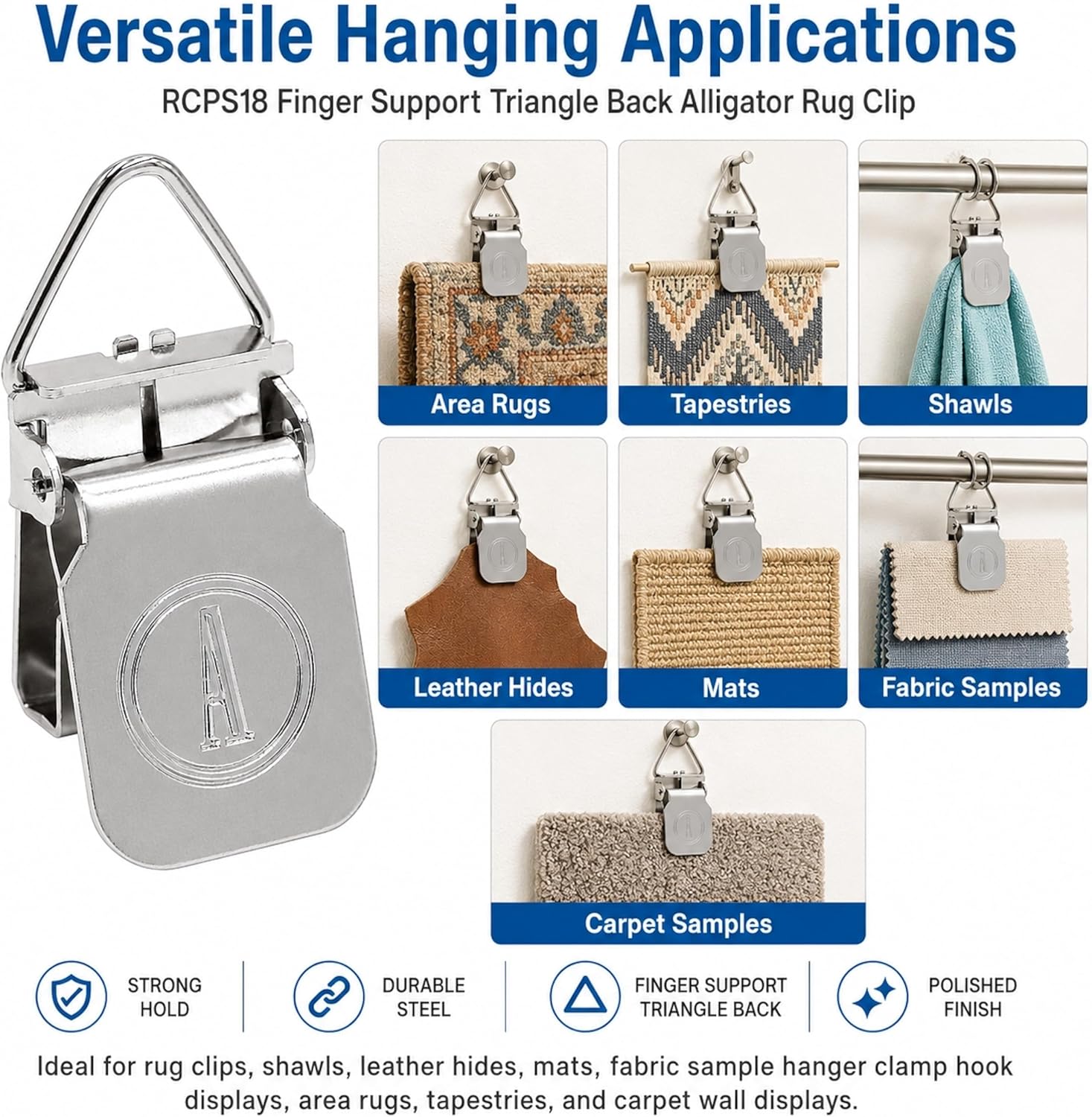 ANDUSTRIAL - Small Durable Nickle-Plated Steel Clips/Clamps for Displaying Shawls, Leather Hides, Quilts, Mats, Rug Samples - Finger Support Triangle Back Alligator Rug Clips - Silver, 50 Clips