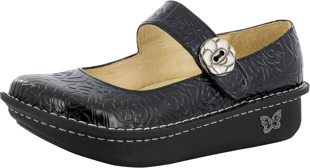 Alegria Women's Paloma Mary Jane Nurse Shoe Clogs Comfort Leather Black Embossed Rose 12 W US