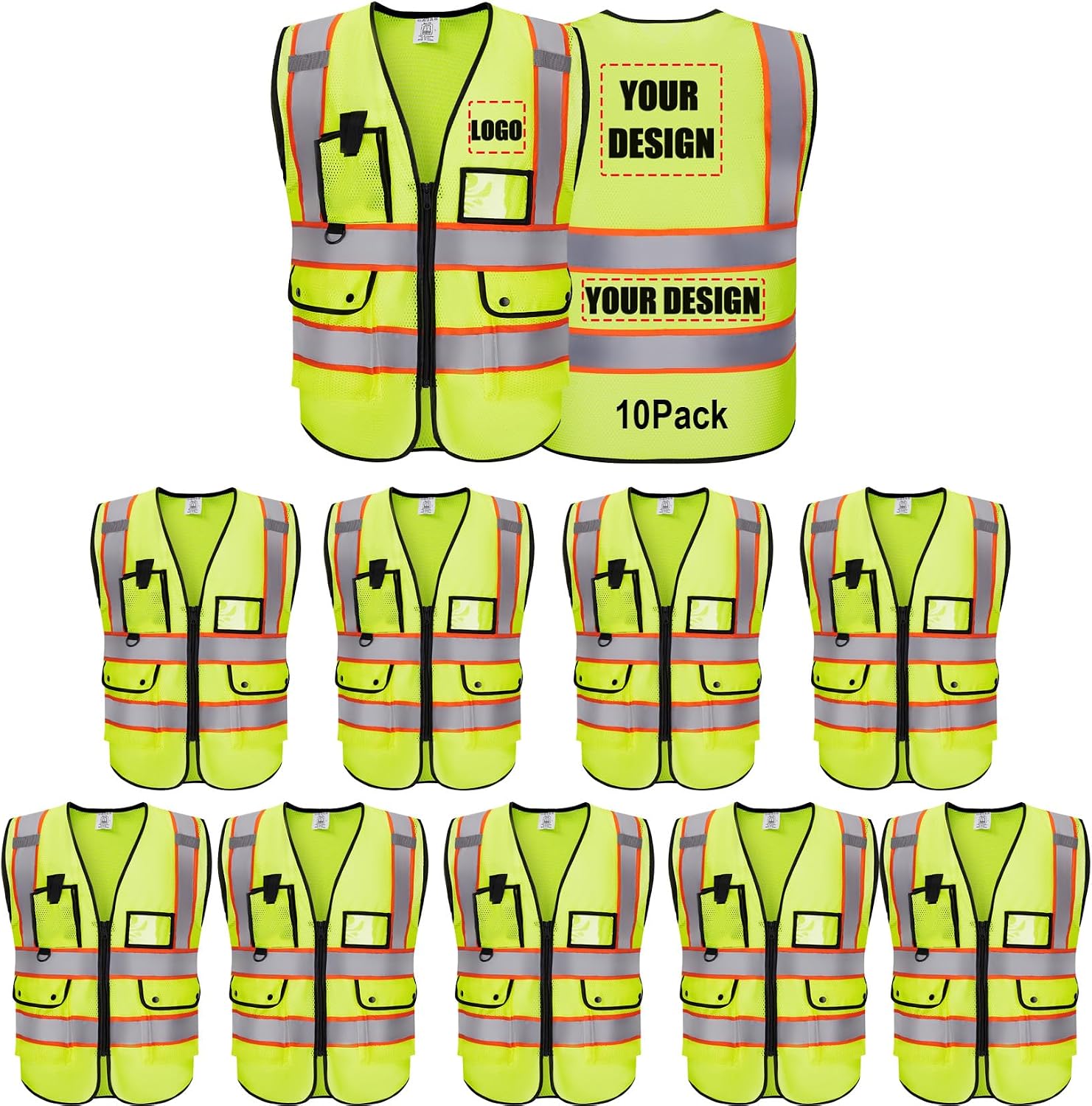 Custom Logo Safety Vest High Visibility Reflective Vest Class 2 Standard with Pockets and Zipper