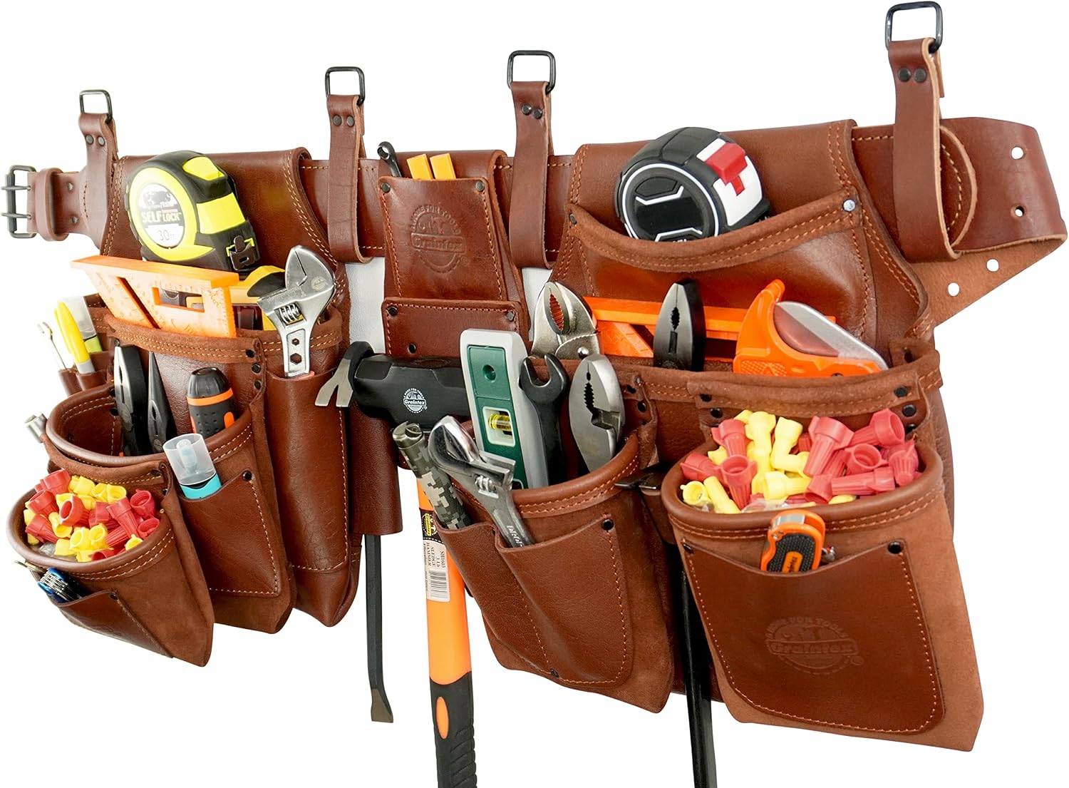 GRAINTEX AD2747 :: 4 Piece 18 Pocket Framer's Tool Belt Combo Ambassador Series Chestnut Brown Color Grain Leather