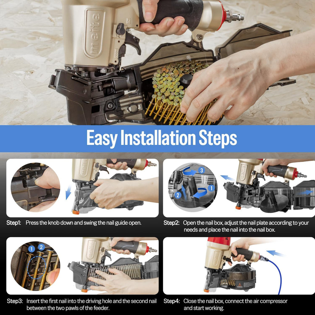meite CN65S Coil Siding Nailer - Pneumatic Nail Gun with 360° Exhaust & Safety Lock, Professional Air Coil Nailer Lightweight Fencing & Decking Tools, Accepts 15 Degree 1-1/2'' to 2-1/2'' Coil Nails