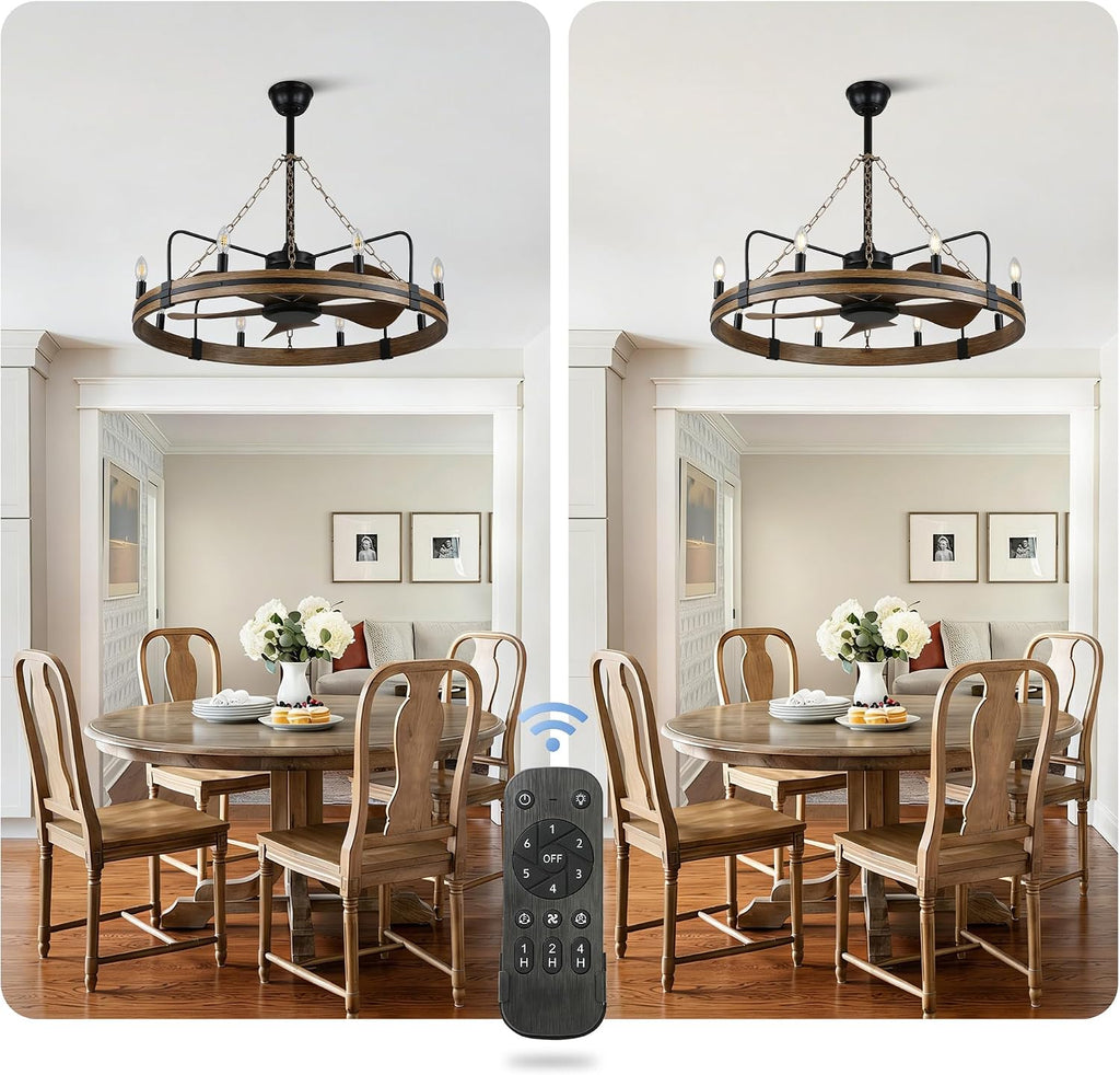 36 Inch Wagon Wheel Chandelier Ceiling Fan with Lights and Remote, Rustic Ceiling Fan Light Farmhouse Fandelier for Bedroom Living Room Dining Room, 8 E12 Bulbs, Reversible DC Motor 6 Speeds