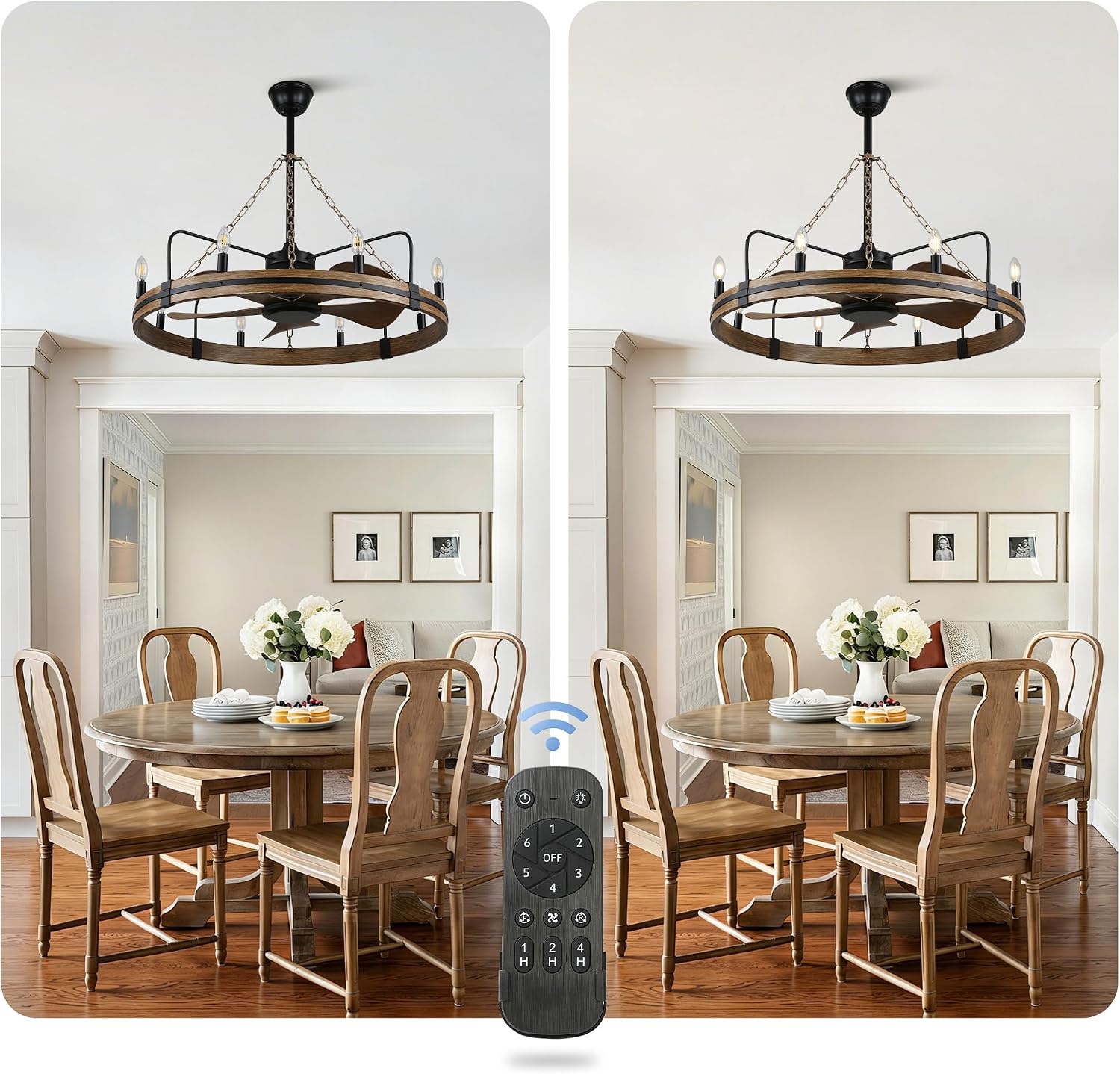 36 Inch Wagon Wheel Chandelier Ceiling Fan with Lights and Remote, Rustic Ceiling Fan Light Farmhouse Fandelier for Bedroom Living Room Dining Room, 8 E12 Bulbs, Reversible DC Motor 6 Speeds