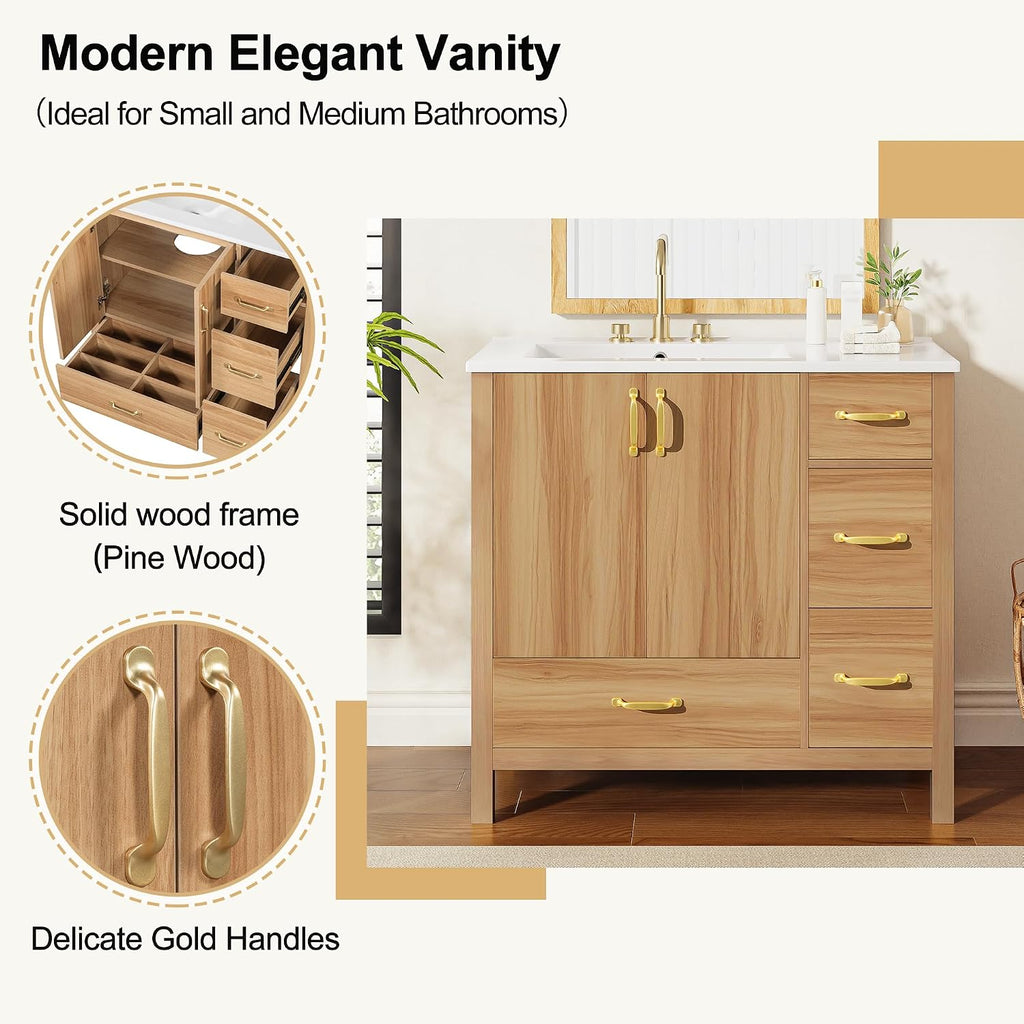 Harper & Bright Designs 36' Bathroom Vanity with Sink, Free Standing Single Basin Vanity with 2 Doors & 4 Soft-Closing Drawers, Solid Wood Storage Cabinet with Ceramic Basin for Bathroom, Acacia Wood