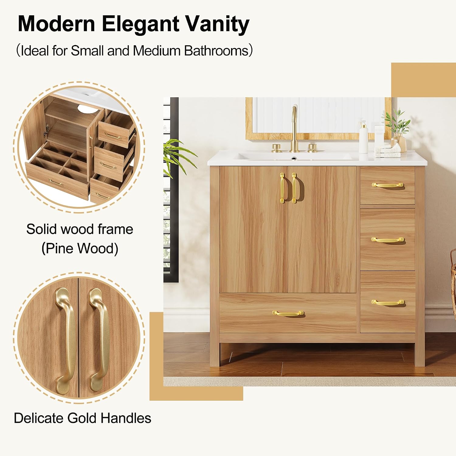 Harper & Bright Designs 36' Bathroom Vanity with Sink, Free Standing Single Basin Vanity with 2 Doors & 4 Soft-Closing Drawers, Solid Wood Storage Cabinet with Ceramic Basin for Bathroom, Acacia Wood