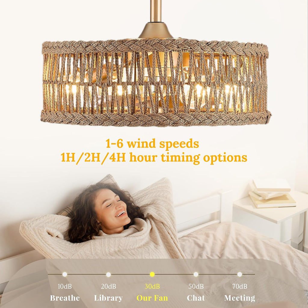20 inch Gold Semi Flush Mount Rattan Ceiling Fan Light Fixture, Drum Shade with 7 Transparent Blades,Remote Control, E26 Base, Reversible Motor, Farmhouse Boho Style