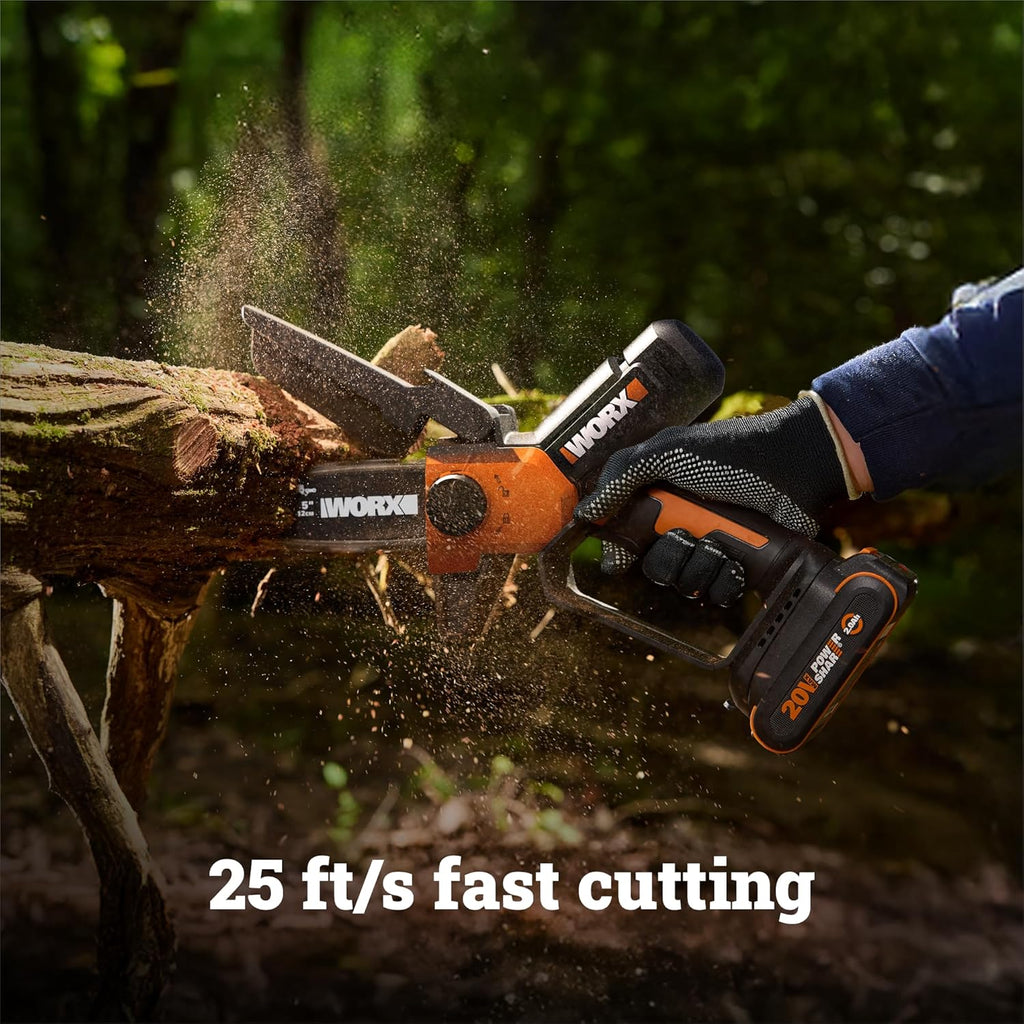 WORX Pole Chainsaw, 20V 5'' Pruning Saw with extension pole, Reach up to 9 ft, 25 ft/s Chain Speed, Includes 20V 2.0 Ah Battery and Charger, PowerShare,WG326.1
