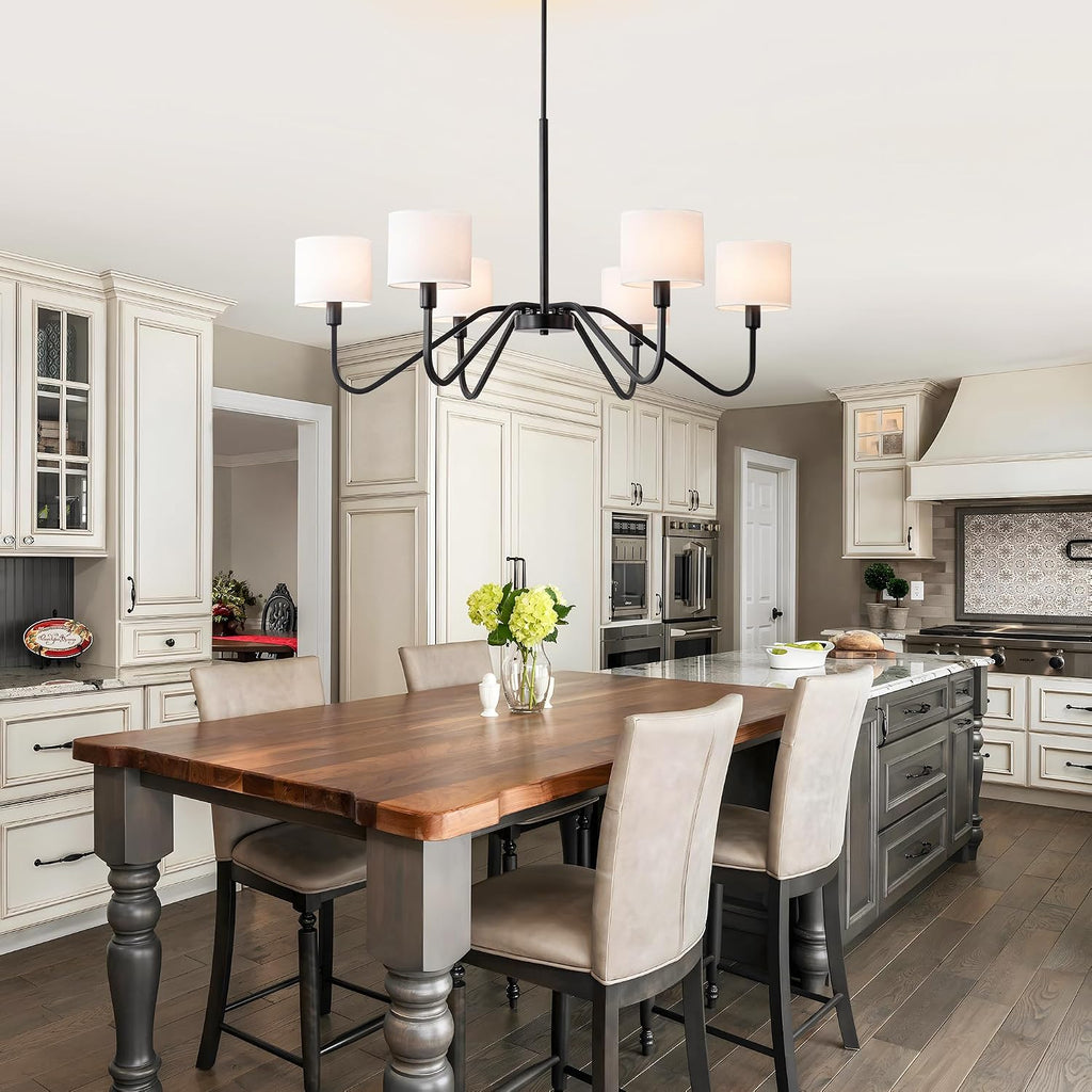 Modern Black 6-Light Chandelier, 39' Pendant Light with White Fabric Shade Adjustable Classic Chandelier Light Fixtures for Kitchen Island Dining & Living Room Entryway