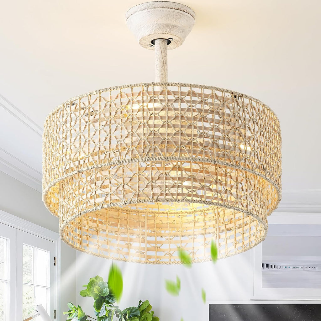 20' Boho Ceiling Fans with Lights, Rattan Fandelier Chandelier Ceiling Fan with Light Remote Control, Caged with 6 Speeds for Bedroom, Nursery