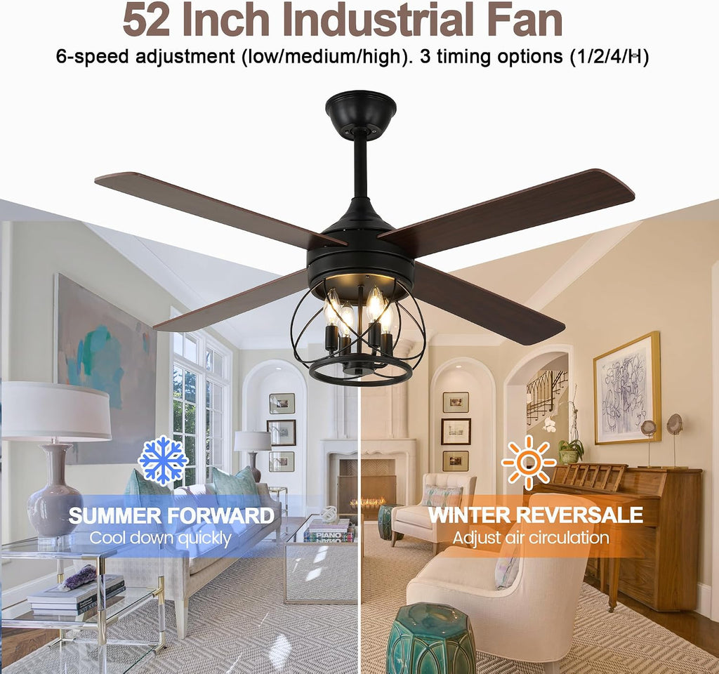 52 Inch Farmhouse Ceiling Fan with Light and Remote Industrial Ceiling Fan Quiet and Reversible DC Motor Rustic Caged Chandelier Fan for Living Room Bedroom Patio